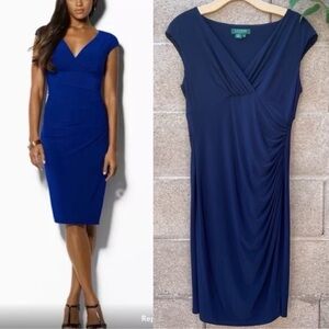 EUC Ralph Lauren Faux Wrap Empire Sheath Jersey Dress Size 10 Bodycon Navy Party